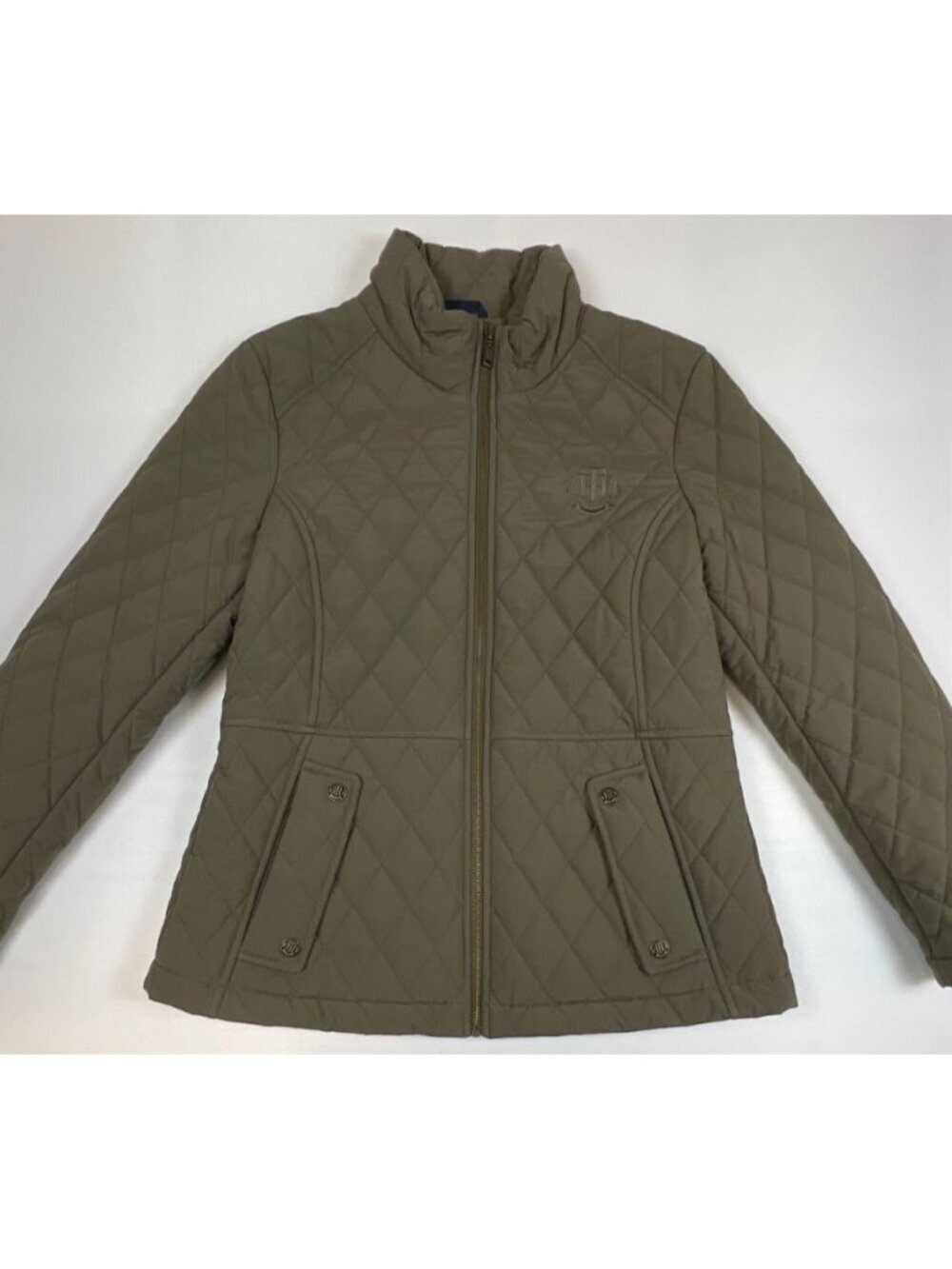 Tommy Hilfiger Women Medium Olive Green Quilted Full Zip Puffer Jacket Crest